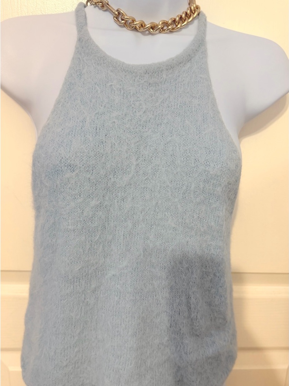 Feminine Fuzzy Halter Tank Top in Pale Blue